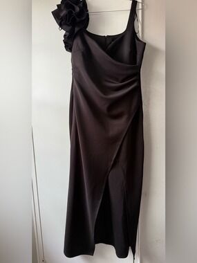 Sam and Jess Black Cocktail One Shoulder Ruffle Appliqué Long Gown Sz 14 $169